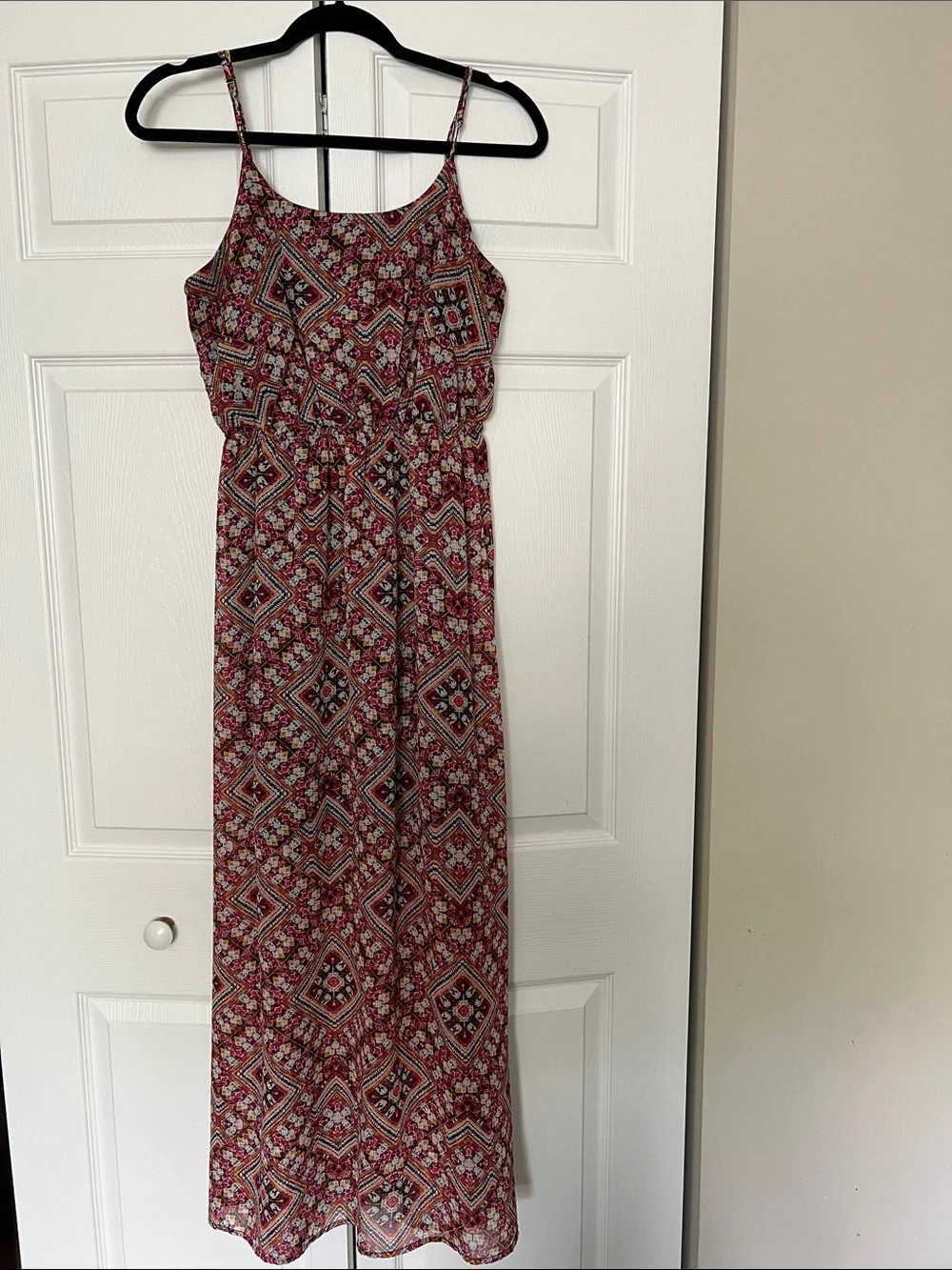 Xhilaration Red Patterned Maxi Dress with Spaghetti Straps
